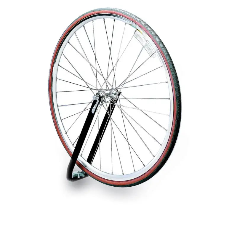 Bicycle wheel with red tire on WHL1 Saris Cyclin Traps Wheel Holder Black