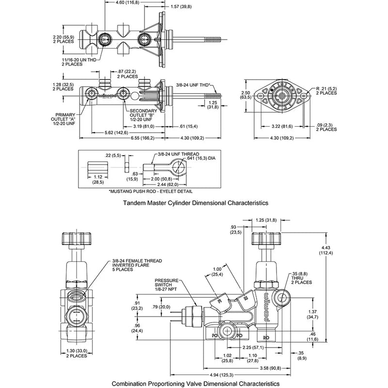 Wilwood Rust-Free Performance Brake Master Cylinder 261-15493-BK - Kit Remote Tandem 15 16 Mustang