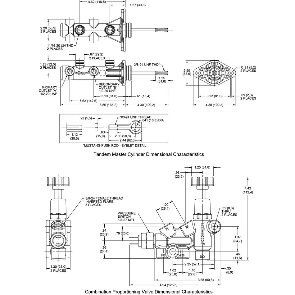 Wilwood Rust-Free Performance Brake Master Cylinder 261-15493-BK - Kit Remote Tandem 15 16 Mustang