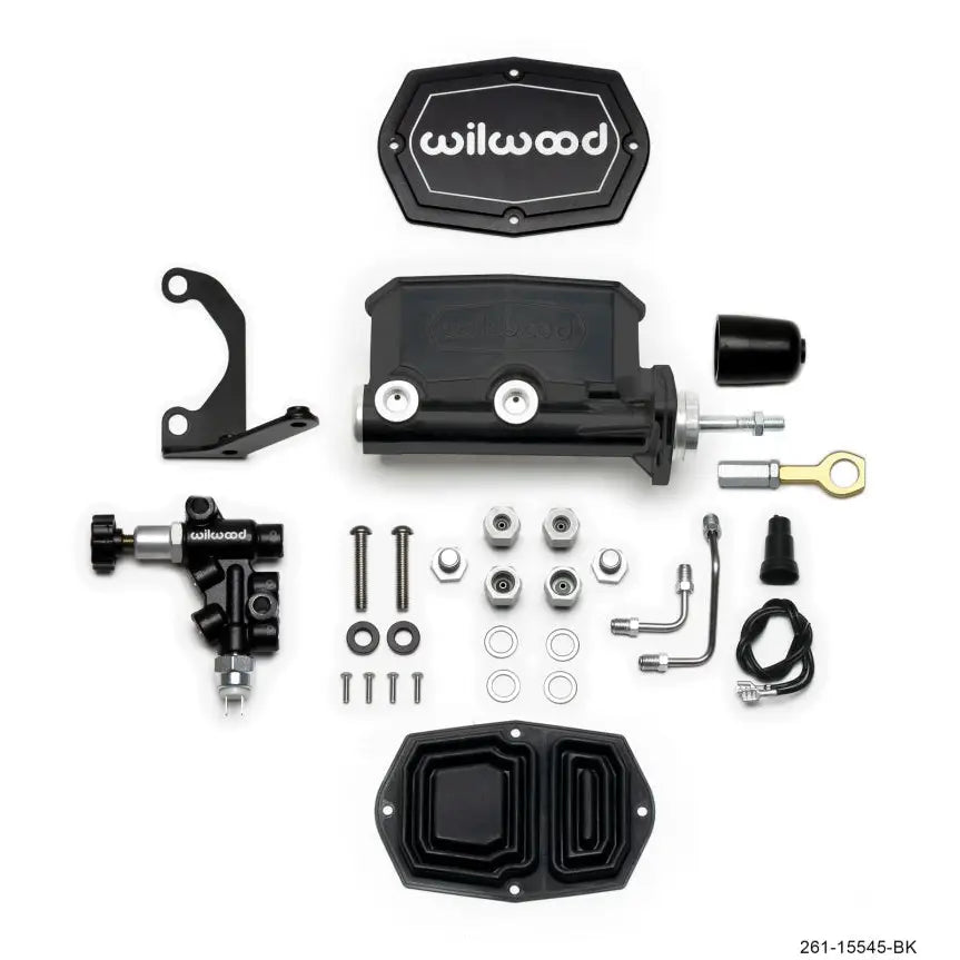 Wilwood 261-15545-BK Wilwood Compact Tandem M/C - 1.12in Bore w/Bracket and Valve fits Mustang (Pushrod) - Black