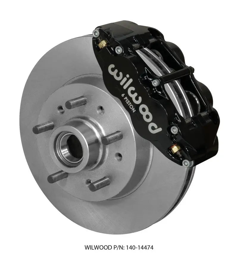 Automotive brake disc with black six-piston caliper from Wilwood Narrow Superlite brake kit
