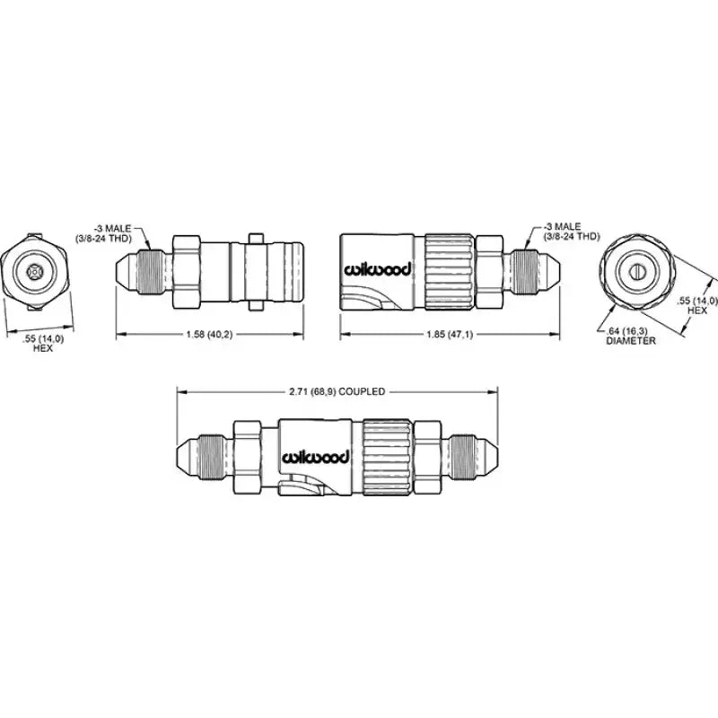 Coupled Wilwood fluid fitting diagram with dimensions for Wilwood Quick Disconnect Kit -3 AN