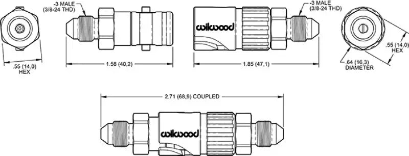 Coupled Wilwood fluid fitting diagram with dimensions for Wilwood Quick Disconnect Kit -3 AN