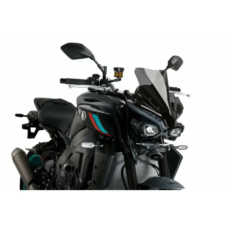 Black Yamaha motorcycle with dark smoke windscreen on Gen Sport Dark Yam model
