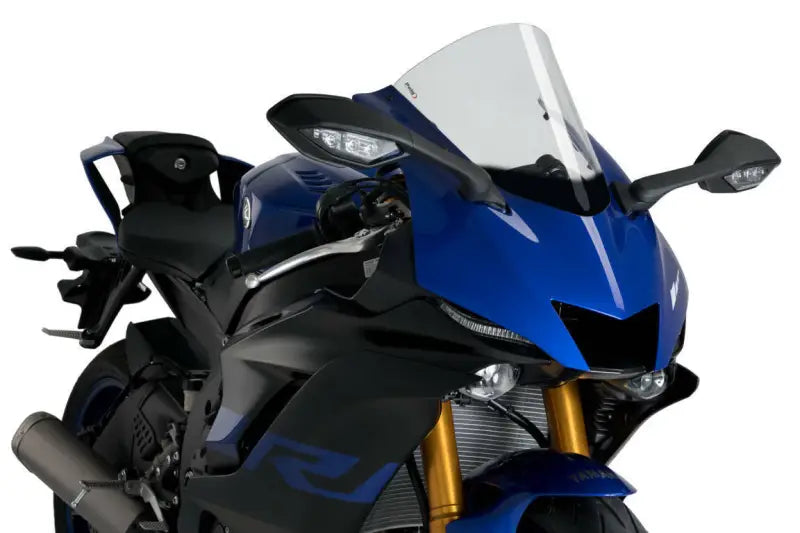 Blue and black Yamaha motorcycle with OEM windscreen from Windscreen R Racer Smoke Yam