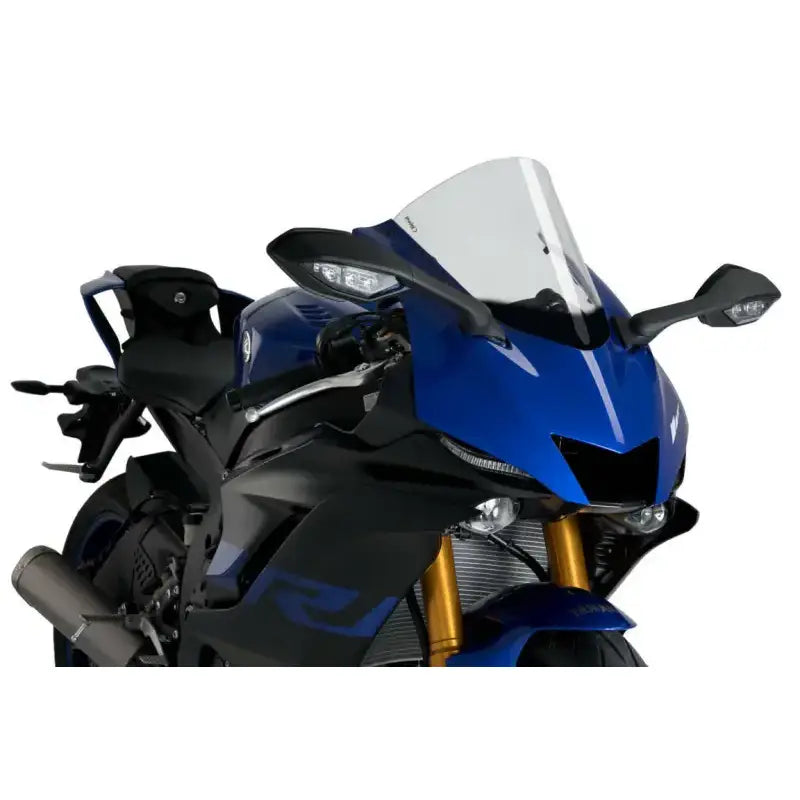 Blue and black Yamaha motorcycle with OEM windscreen from Windscreen R Racer Smoke Yam