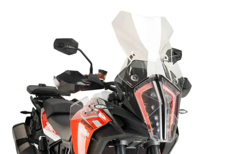 Orange and white motorcycle with windscreen touring clear for KTM touring bikes