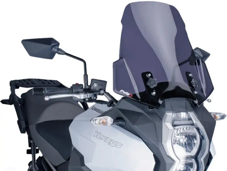 Gray and black motorcycle with tall tinted windscreen touring dark smoke for sleek rides