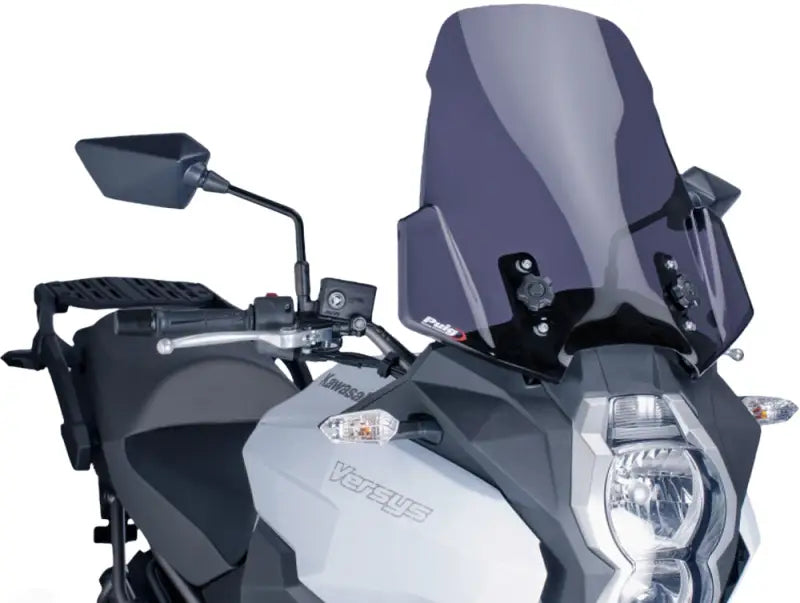 Gray and black motorcycle with tall tinted windscreen touring dark smoke for sleek rides