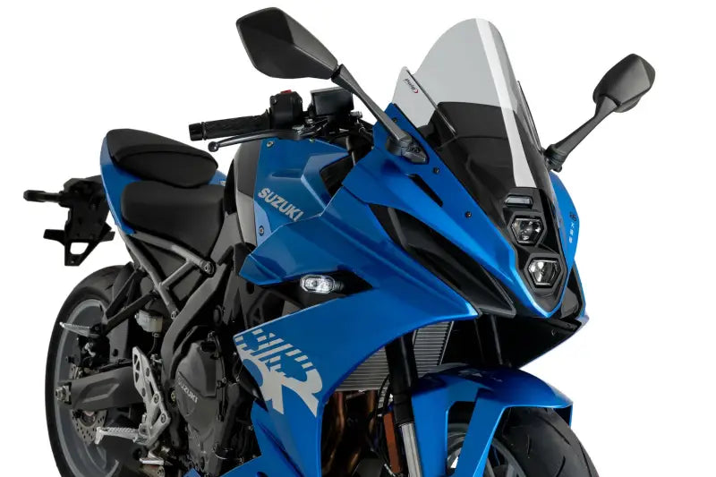 Blue Suzuki motorcycle with OEM windscreen on Windscreen Z Racing Smoke Suz page