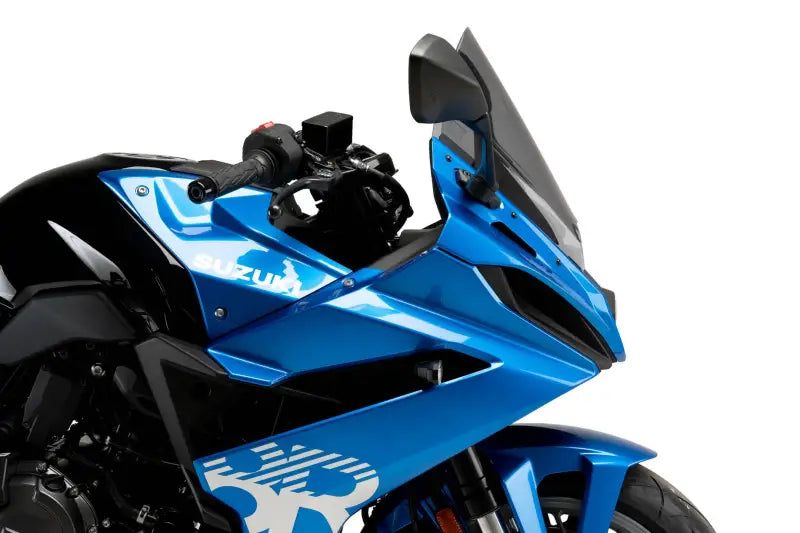 Blue and black Suzuki motorcycle with OEM windscreen from Windscreen Z Racing Smoke Suz