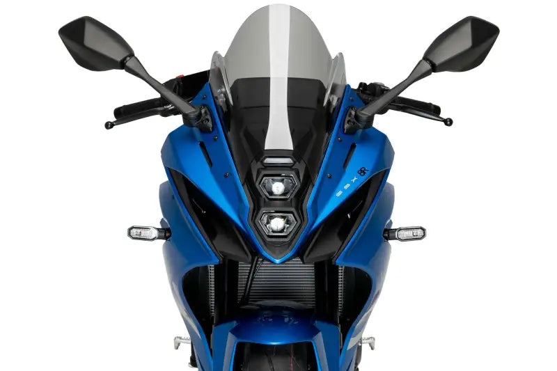 Blue sport motorcycle front with Windscreen Z Racing Smoke Suz, perfect OEM windscreen for RV & truck parts