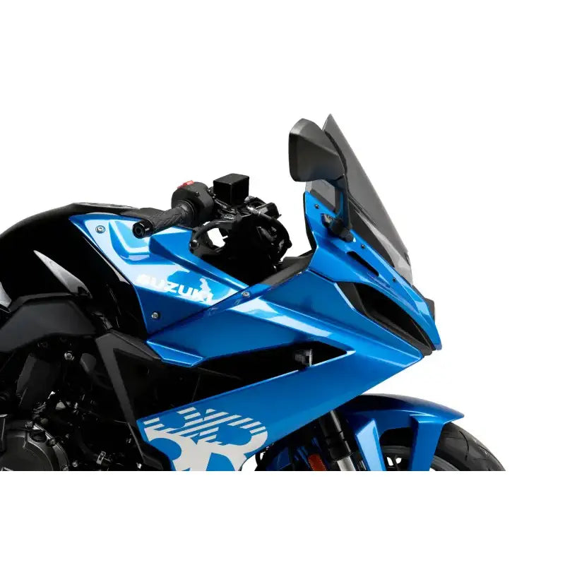 Blue and black Suzuki motorcycle with OEM windscreen from Windscreen Z Racing Smoke Suz