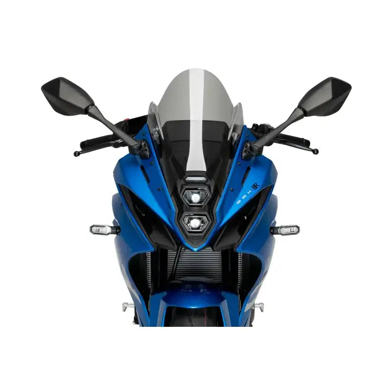 Blue sport motorcycle front with Windscreen Z Racing Smoke Suz, perfect OEM windscreen for RV & truck parts
