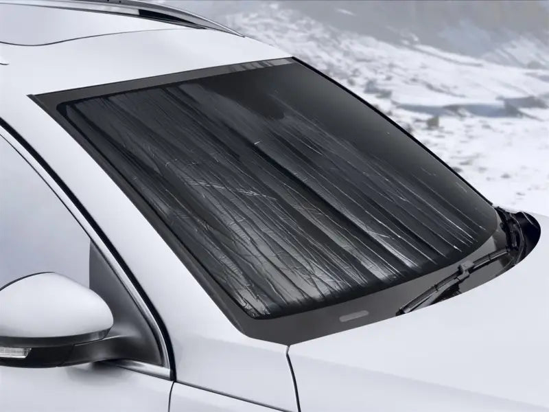 Windshield Shade Removable Roll Up With Velcro Strap For Storage; Direct-Fit; Fits Full Windshield; Silver/ Black