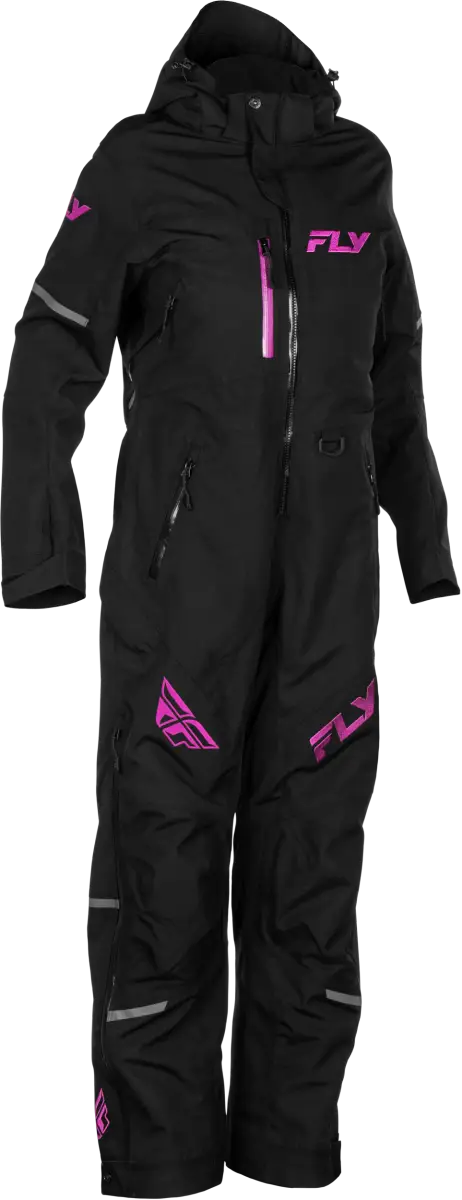 Black snowsuit with pink accents for women’s powersports gear in the Cobalt Shell Monosuit series