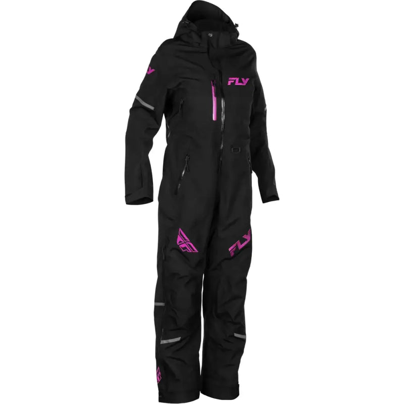Black snowsuit with pink accents for powersports and outdoor activities