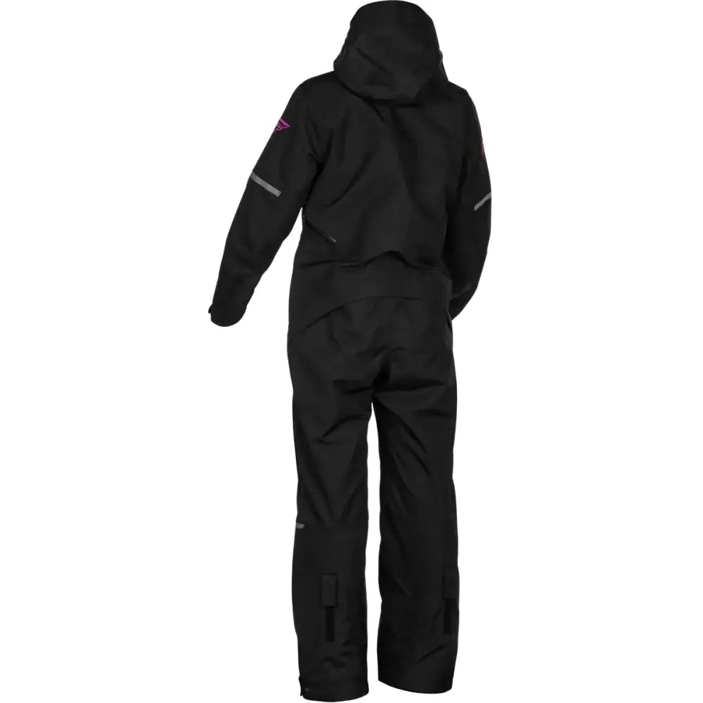 Black hooded snowsuit from Women’s Cobalt Shell Monosuit Black Fuschia ideal for powersports activities