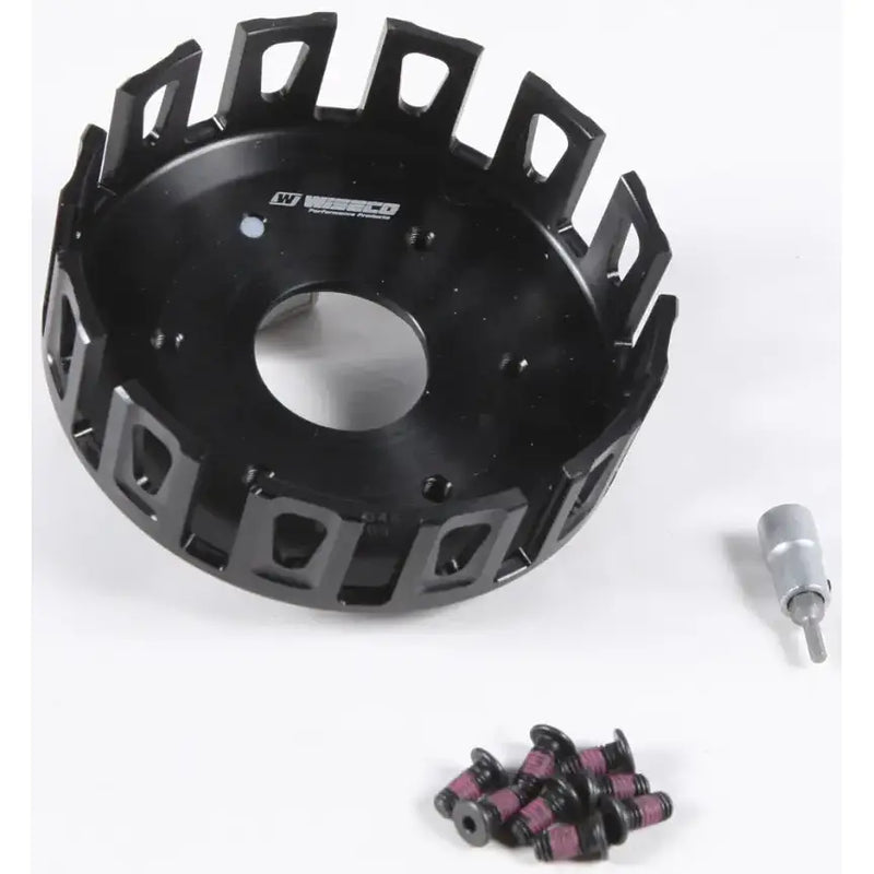 Black anodized aluminum clutch basket with ventilation slots for Husqvarna KTM clutch upgrades