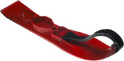 Red plastic mini-ski with black foot strap for low steering effort and fun snowboarding