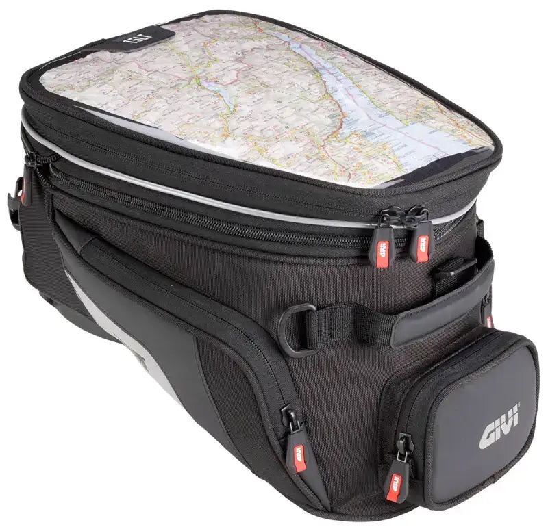 GIVI XS320 Tanklock Tankbag Expandable 15-23L featuring water-resistant zips, reflective inserts, removable tablet-holder, and cable port.