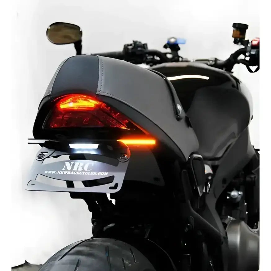 Fender Eliminator with LED tail light for Yamaha XSR, featuring integrated turn signals and license plate bracket by NRC.