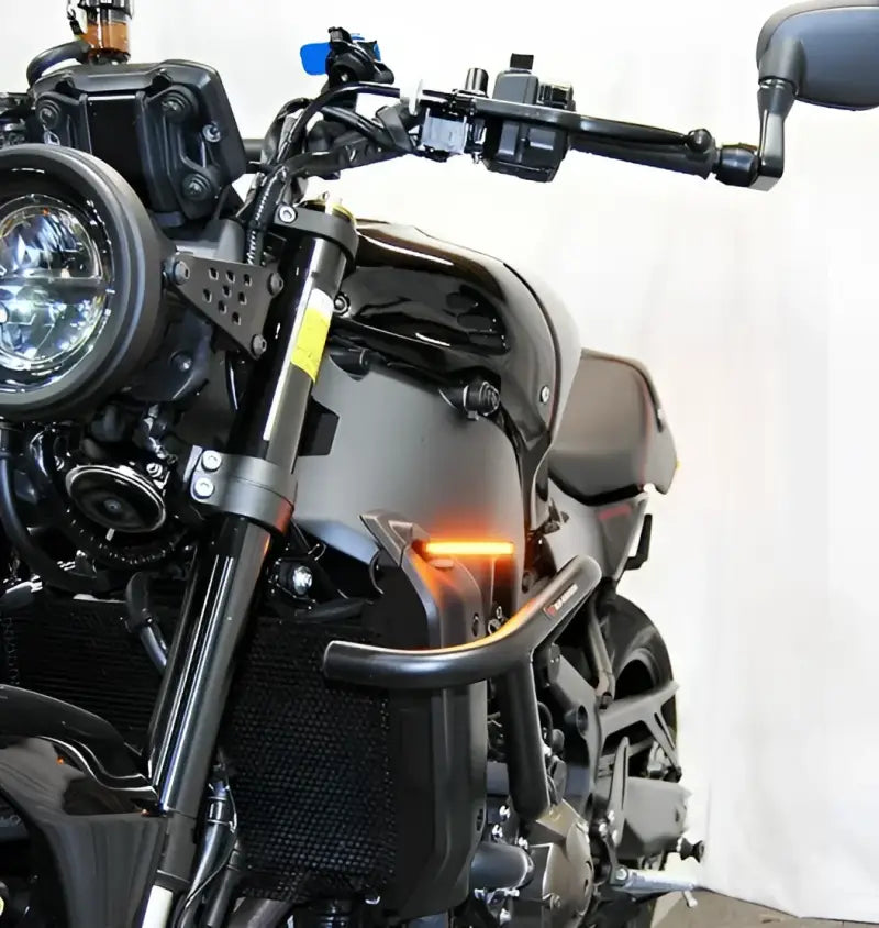 Motorcycle with XSR-FS-22 Front LED Turn Signals installed on Yamaha.
