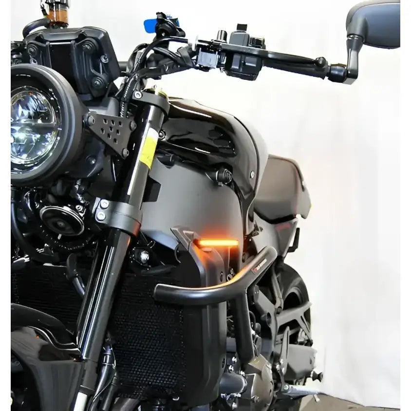 Motorcycle with XSR-FS-22 Front LED Turn Signals installed on Yamaha.