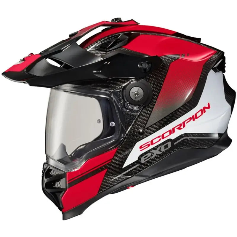 Red black white carbon fiber Scorpion Exo XT9000 helmet with clear visor for motorcycle riding