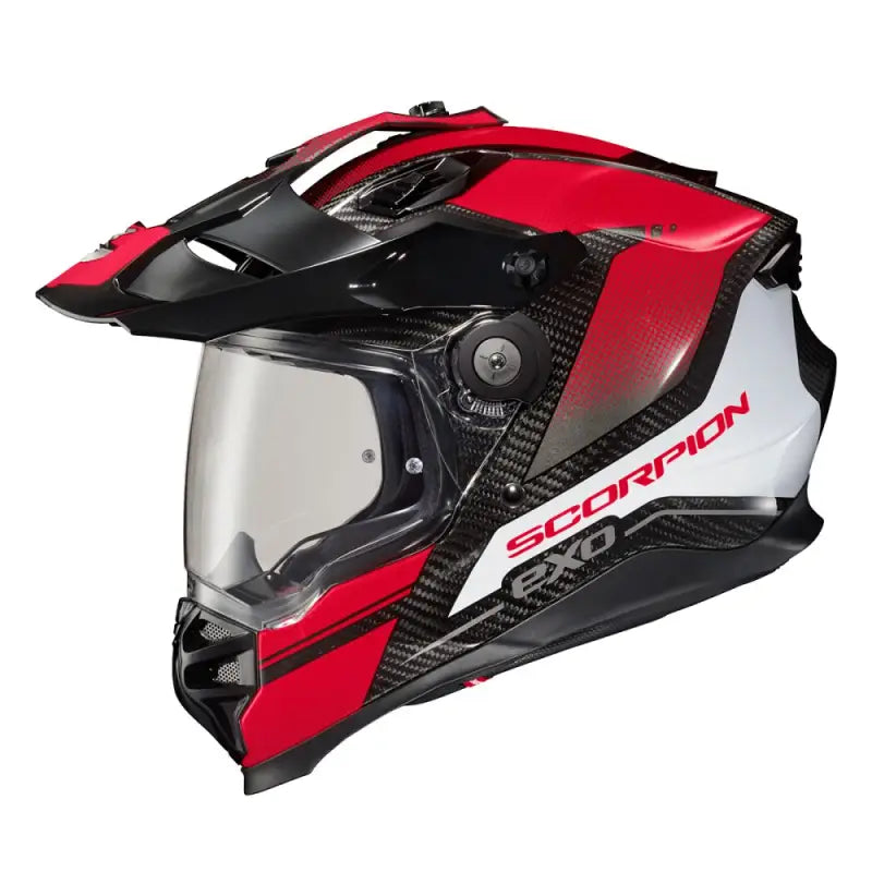 Red black white adventure motorcycle helmet with clear visor peak xt9000 carbon Scorpion exo xt9000