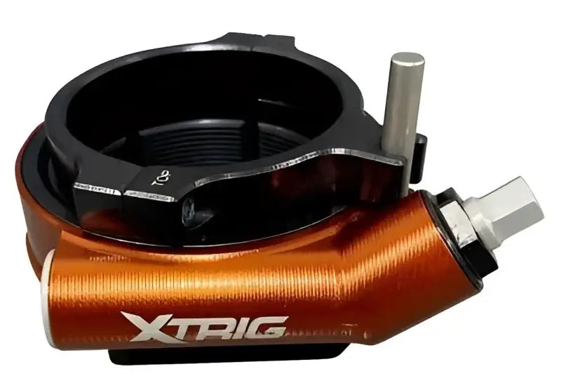 Orange and black motorcycle steering damper with XTRIG Pre-Load Adjuster for better control