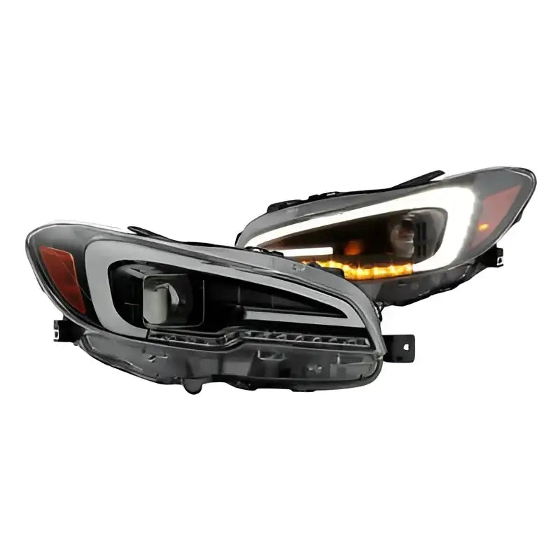 xTune 15-18 Subaru Impreza WRX Proj Halo Headlight in Black Smoke with Light Bar DRL, high-quality and stylish headlight upgrade for better road illumination and aggressive appearance.