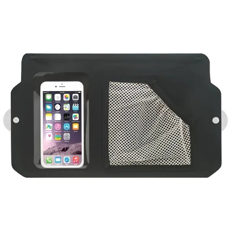 Black waterproof bath caddy with phone holder and mesh pocket, perfect for suction mount tech setups