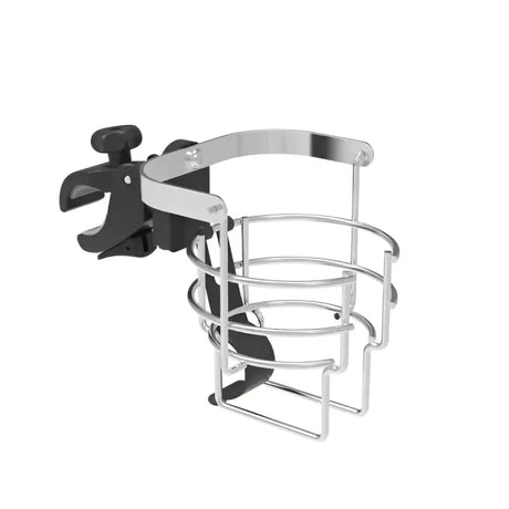 Clamp-on metal wire cup holder mounted on Bracketron clamp mount for convenient drinks