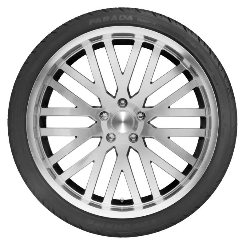 Silver car wheel with tire featuring Yokohama Parada Spec-X tire 315/35R24