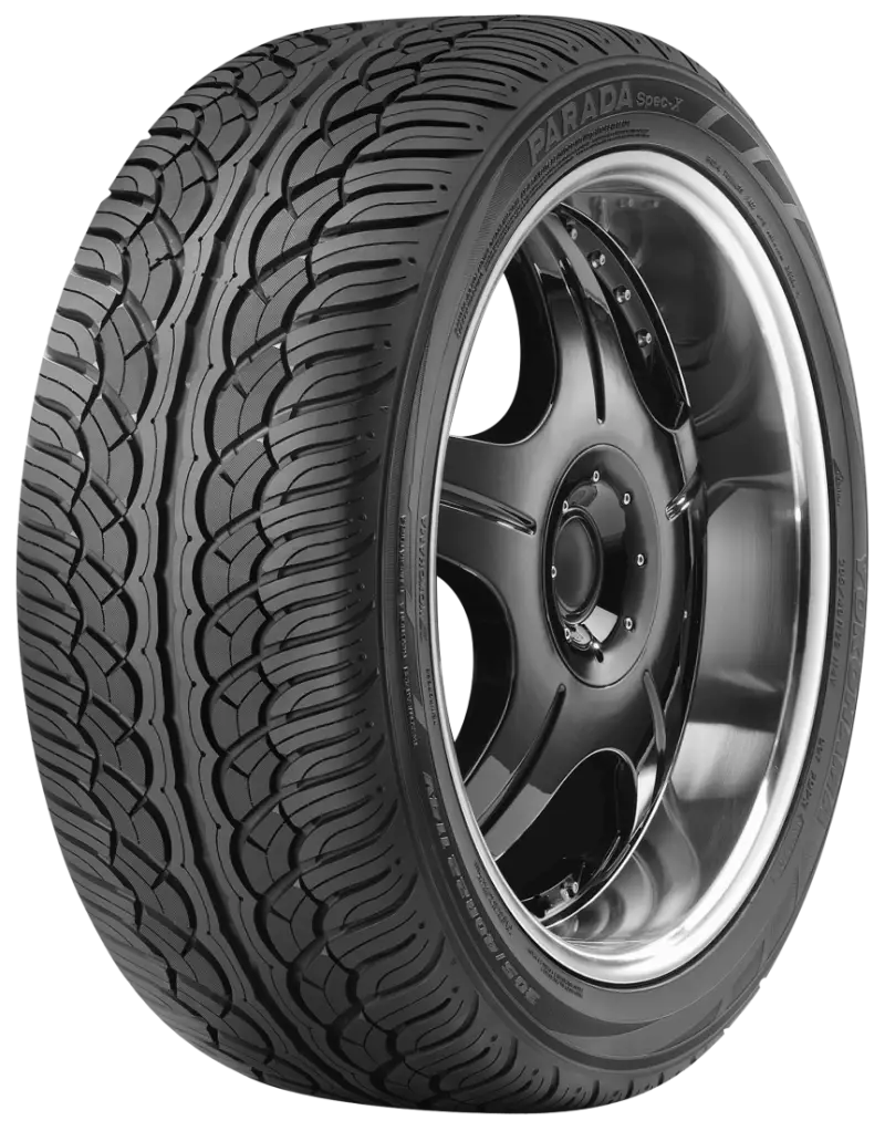 Car tire mounted on a wheel showcasing Yokohama Parada Spec-X Tire 315/35R24