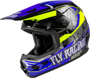 Blue black and yellow youth kinetic scorched helmet for motocross riding