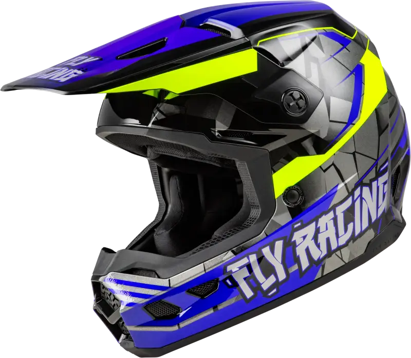 Blue black and yellow youth kinetic scorched helmet for motocross riding