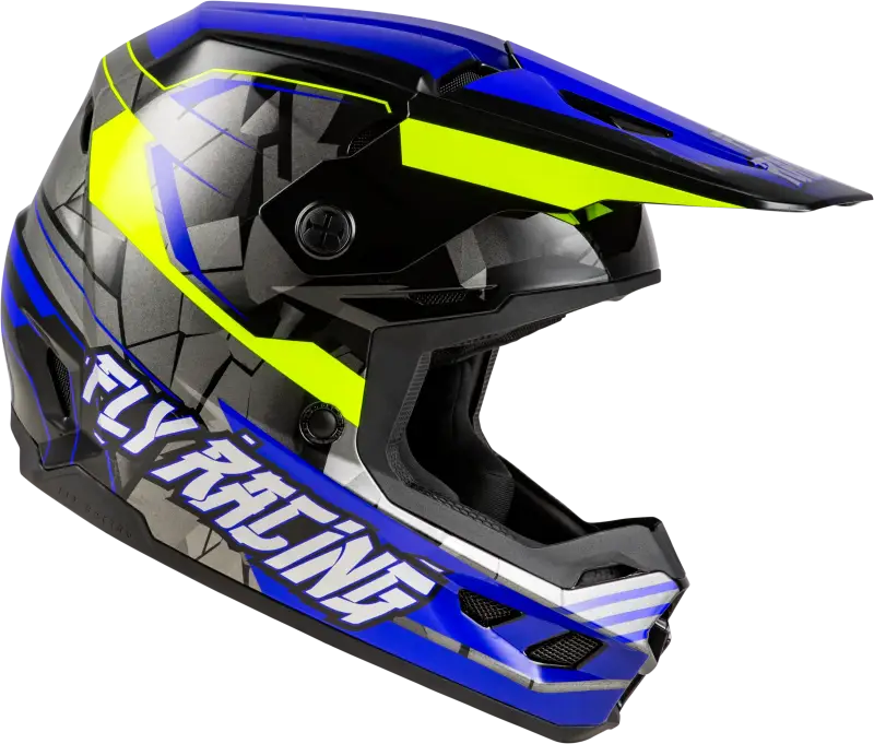 Youth Kinetic Scorched helmet with blue, black, and yellow design for kids riding gear