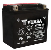Yuasa YTX14-BS Maintenance Free AGM 12 Volt Battery with bottle supplied, featuring robust design and reliable performance.