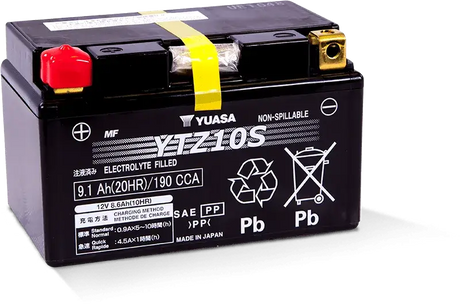 Yuasa YTZ10S Maintenance Free AGM 12 Volt Battery, black casing, non-spillable, electrolyte filled, 190 CCA
