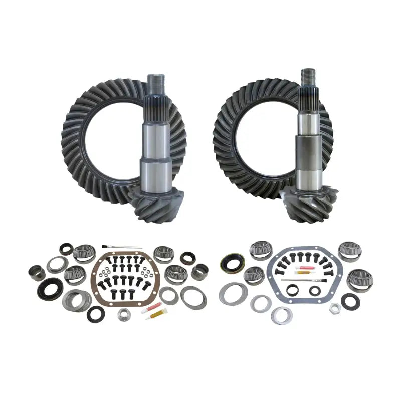 Yukon Gear & Install Kit Package For Jeep JK Non-Rubicon 4.88 Ratio - includes front and rear ring and pinion gear sets, Yukon Master Overhaul Kits, and various installation components.