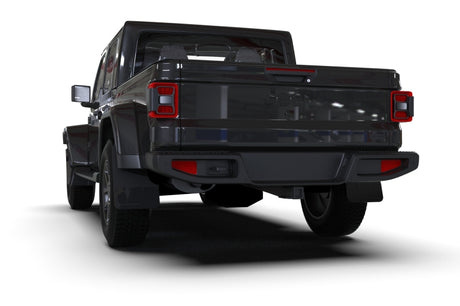 Black Jeep JT Gladiator Mojave/Rubicon rear view with Rally Armor black mud flaps and grey logo, showcasing durable off-road and exterior truck accessories, Truck & Automotive, AVADA - Best Sellers