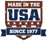 "Made in the USA since 1977" badge with a shield shape and stars.