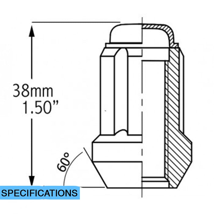 Lug Nut 5 Lug Kit; 14 Millimeter x 1.5 Thread Size; 60 Degree Conical; Spline Drive; Acorn; 1.50 Inch Overall Length; 6 Spline Tool; With 20 Chrome Plated Carbon Steel Lug Nut