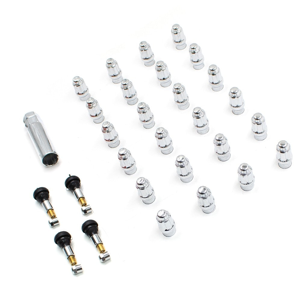 Lug Nut 6 Lug Kit; 12 Millimeter x 1.5 Thread Size; 60 Degree Conical; Spline Drive; Acorn; 1.57 Inch Overall Length; 6 Spline Tool; With 24 Chrome Plated Steel Lug Nut/ Socket Key/ 4 Valve Stems