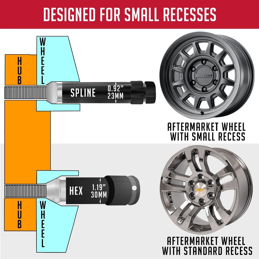 Lug Nut 8 Lug Kit; 14 Millimeter x 1.5 Thread Size; 60 Degree Conical; Spline Drive; Acorn Duplex; 4.4 Inch Overall Length; 6 Spline Tool; With 32 Chrome Plated Steel Spike Lug Nuts/ Socket Key