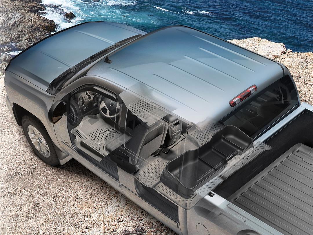Floor Liner Molded Fit With Underside Nibs; With Channels And Reservoir To Direct And Hold Fluids With Embossed WeatherTech Logo; Black; Thermoplastic Elastomer (TPE) Injection Molded Material; 2 Piece