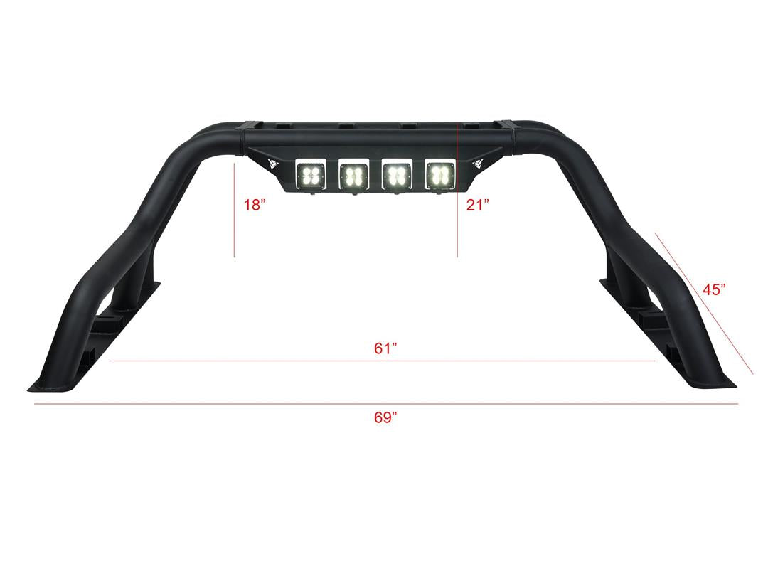 Truck Bed Bar 3 Inch Tubular Bar; Mounts Up To 4 Lights; Powder Coated; Black; Steel; With Quad LED Light Mount