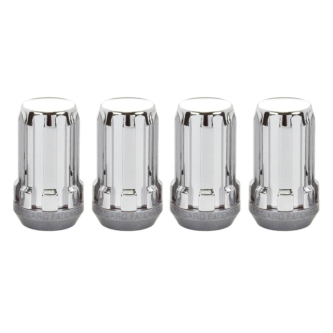 Lug Nut 14 Millimeter X 1.5 Thread Size; Conical Seat; Extra Long Lug; Use With Alloy Wheels Only; 1.648 Inch Overall Length; 7 Spline Tool; Chrome Plated; Steel; Set Of 4; Requires Lug Nut Socket (See Required Parts)